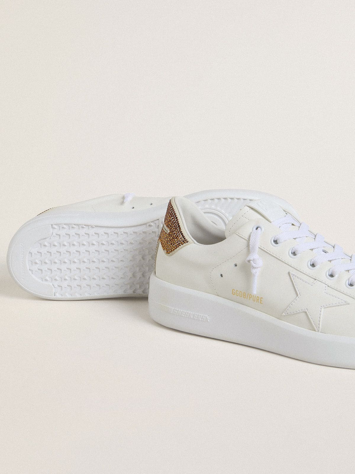 Golden Goose Womens Purestar With White Leather Star And Brown Crystal Heel Tab Womens