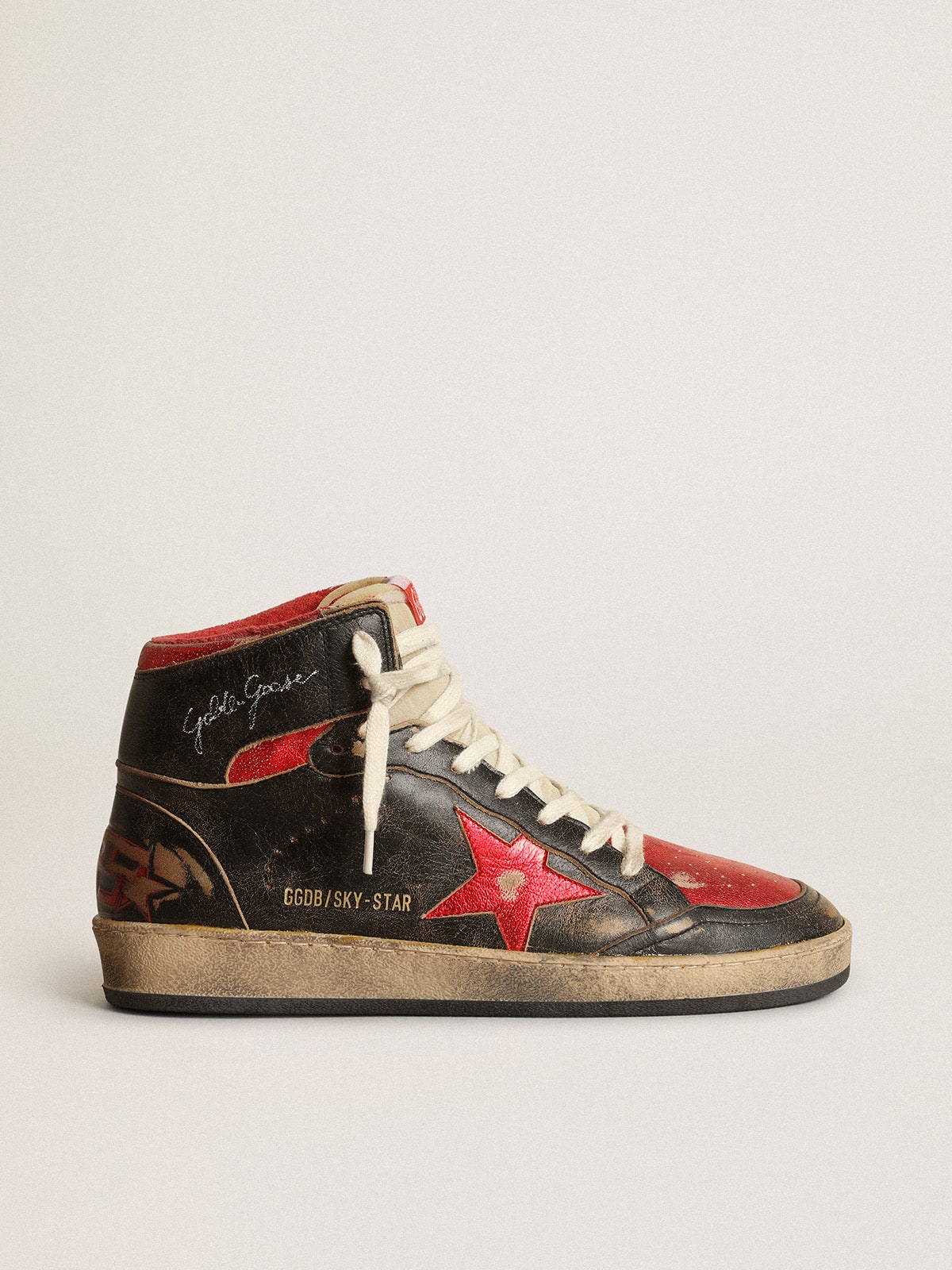 Golden Goose Womens Sky-Star In Black Glossy Leather With Red Star Womens