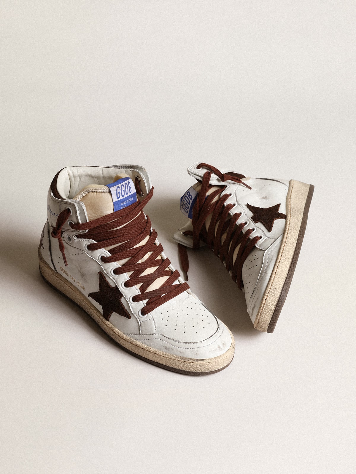 Golden Goose Womens Sky-Star In White Nappa Leather With Chocolate Suede Star Womens