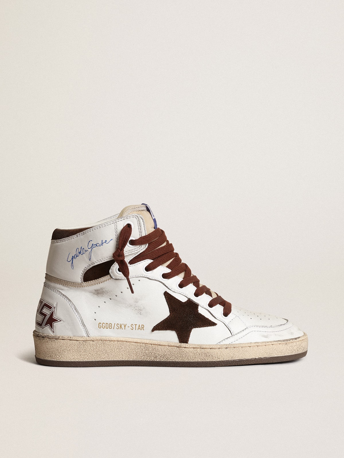 Golden Goose Womens Sky-Star In White Nappa Leather With Chocolate Suede Star Womens