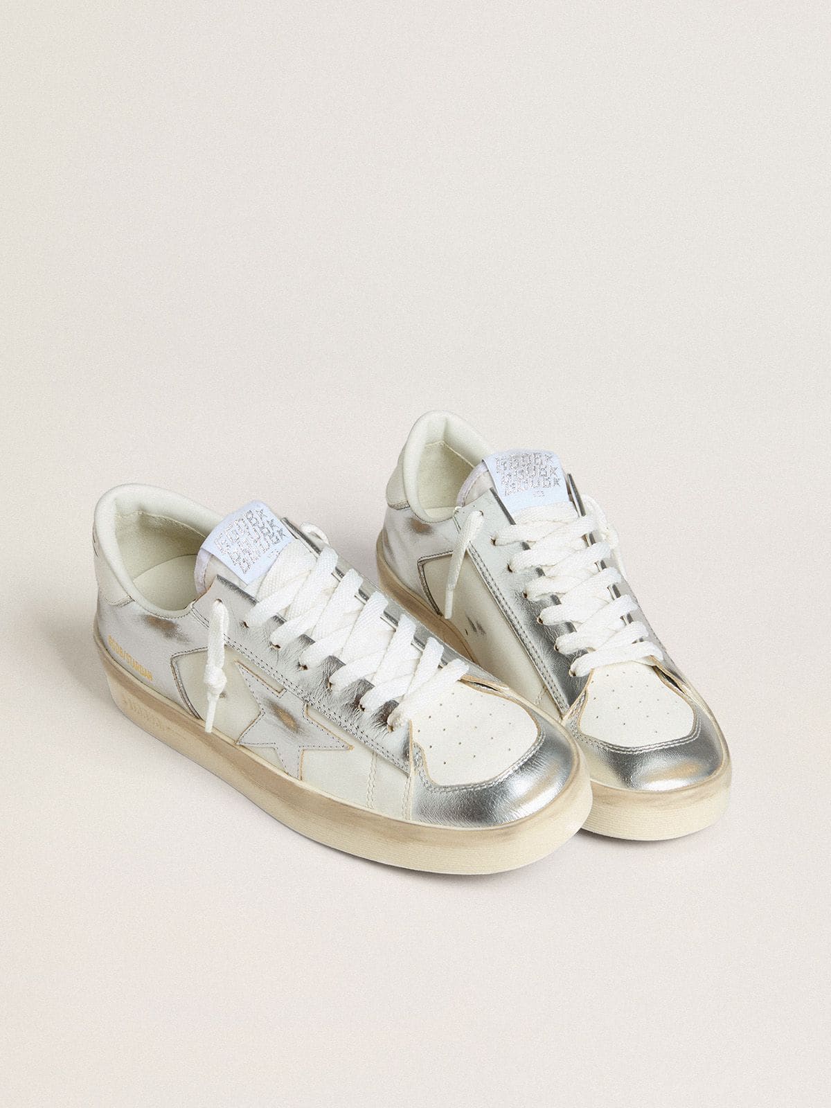 Golden Goose Stardan In Silver Foiled Leather With White Heel Tab Womens