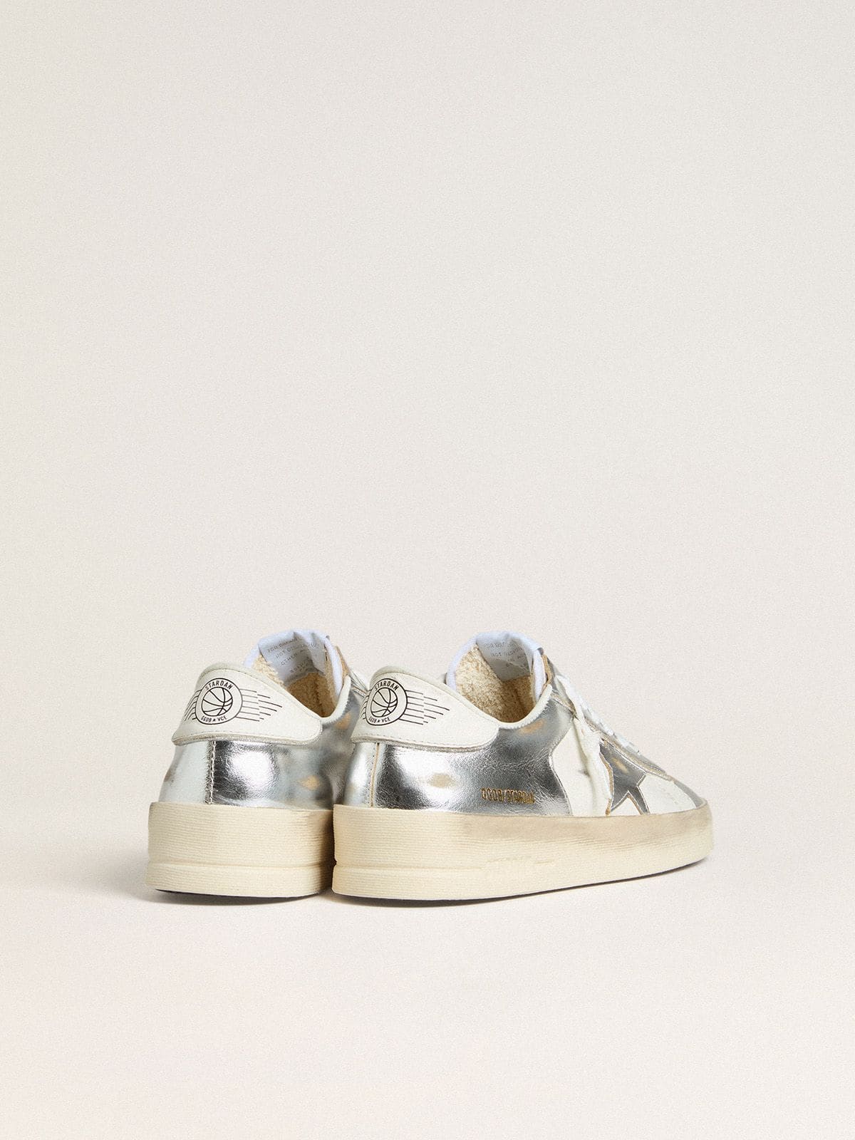 Golden Goose Stardan In Silver Foiled Leather With White Heel Tab Womens