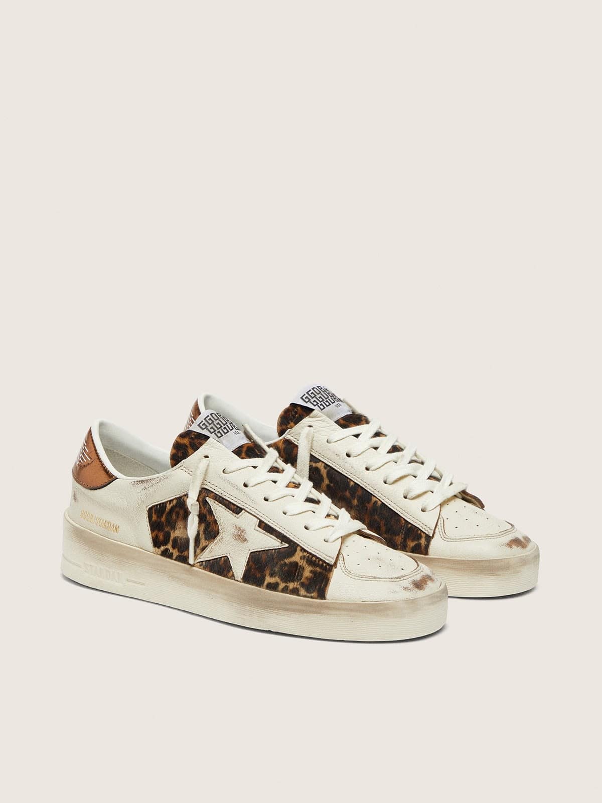 Golden Goose Womens Stardan In White Leather And Leopard Pony Skin With White Leather Star Womens