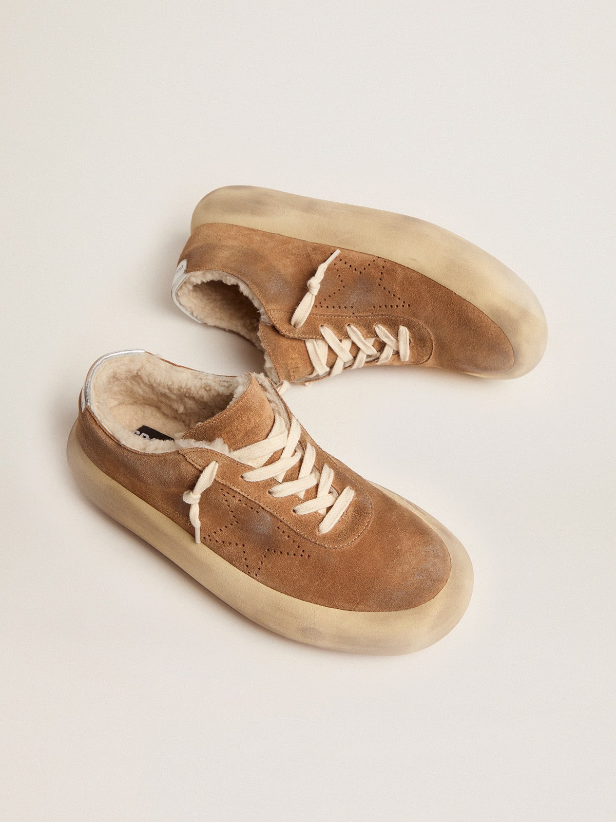 Golden Goose Womens Space-Star Shoes In Tobacco-Colored Suede With Shearling Lining Womens