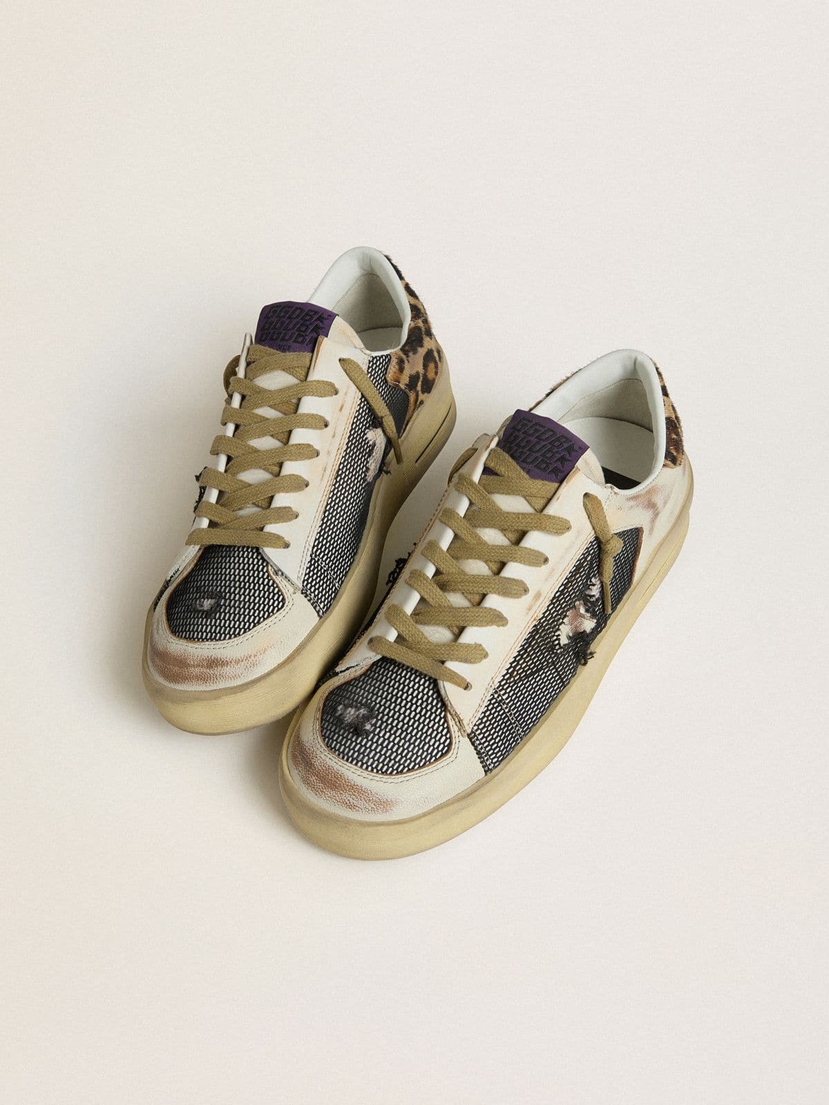 Golden Goose Womens Stardan In Nappa And Mesh With Leopard-Print Pony Skin Heel Tab Womens