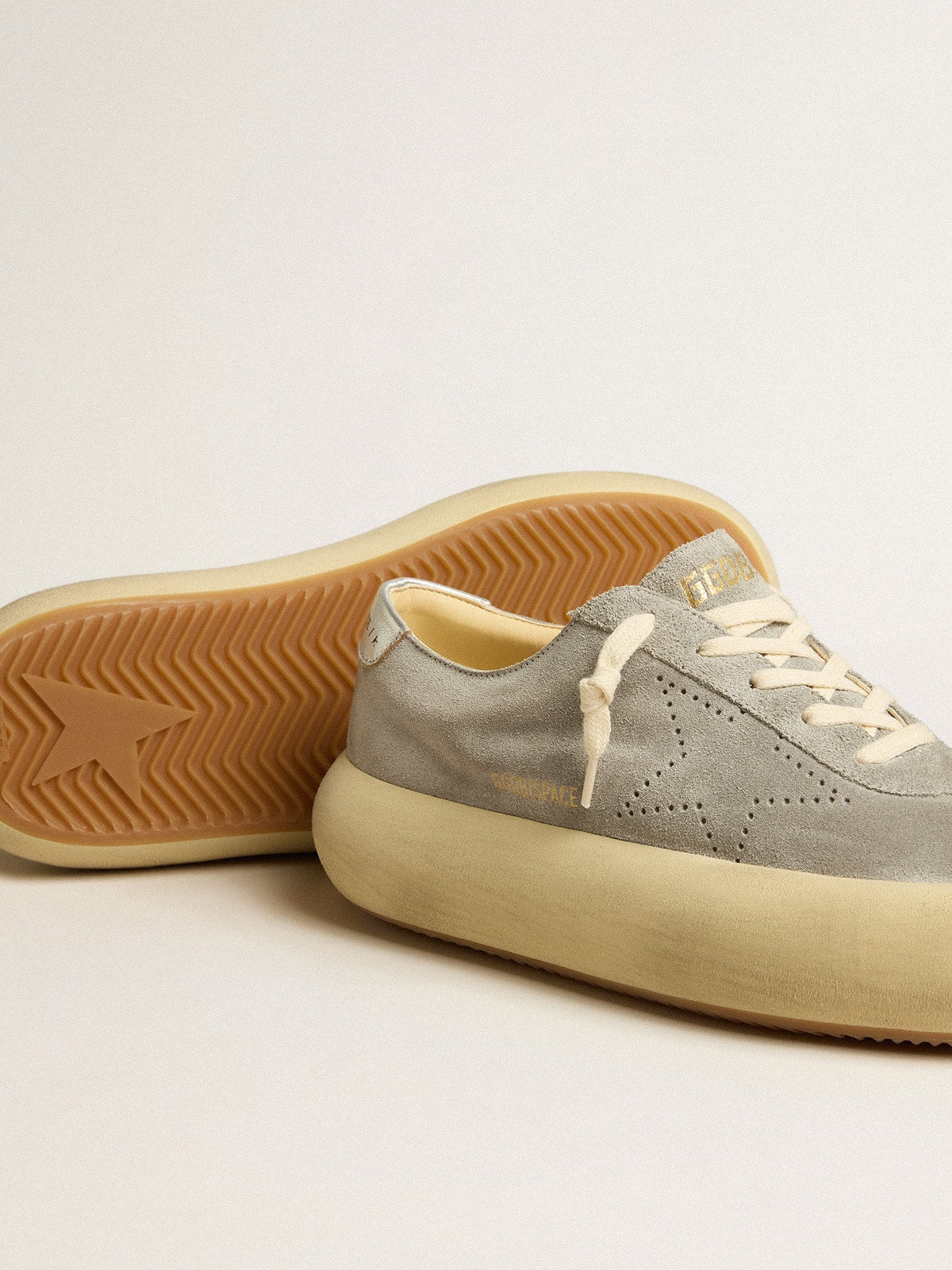 Golden Goose Womens Space-Star Shoes In Ice-Gray Suede With Perforated Star Womens