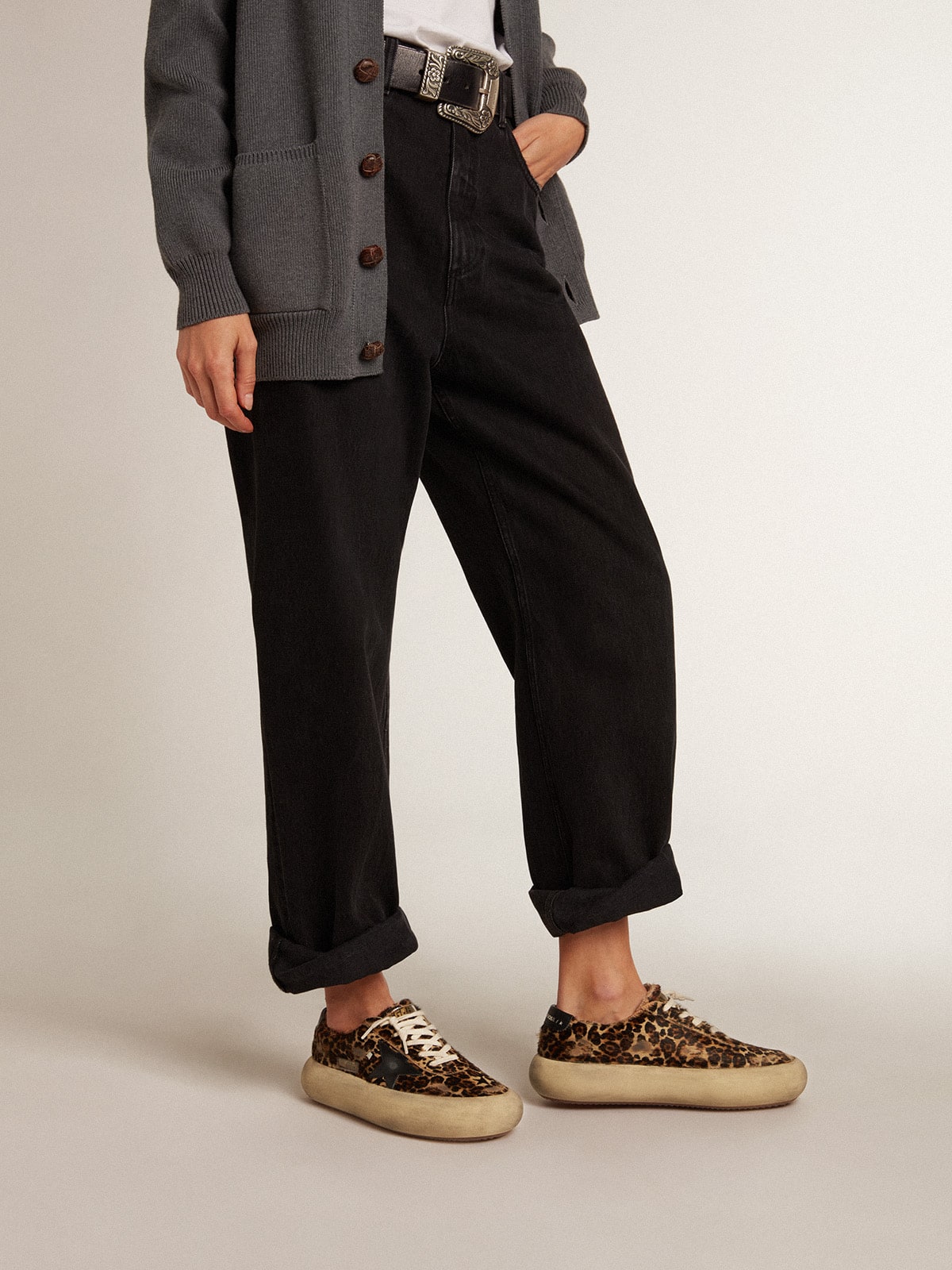 Golden Goose Womens Space-Star In Leopard Print Pony Skin With Black Star Womens