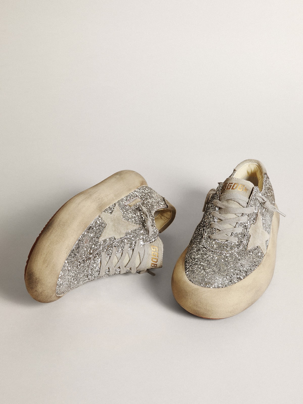 Golden Goose Womens Space-Star In Silver Glitter With Ice-Gray Star Womens
