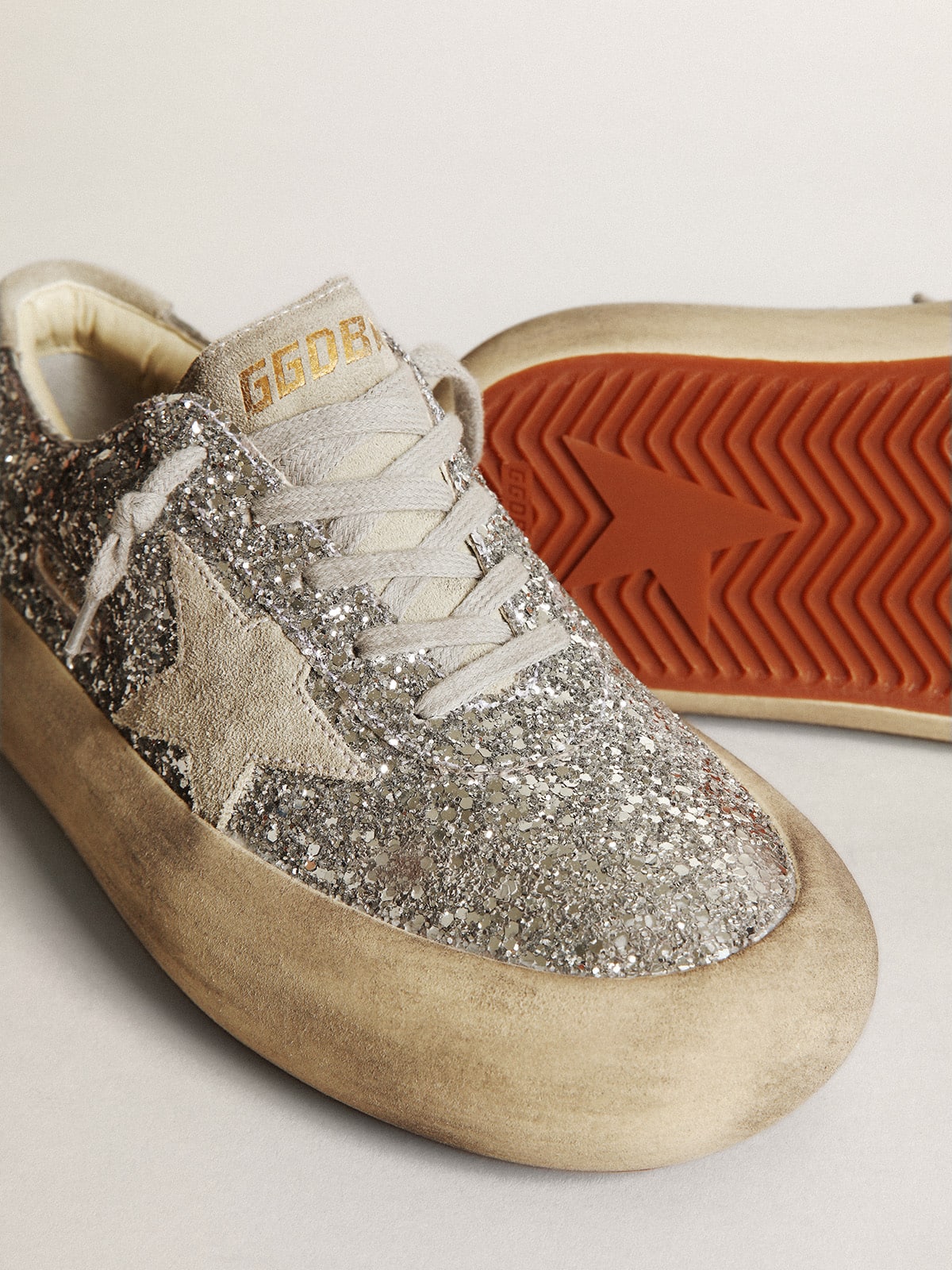 Golden Goose Womens Space-Star In Silver Glitter With Ice-Gray Star Womens