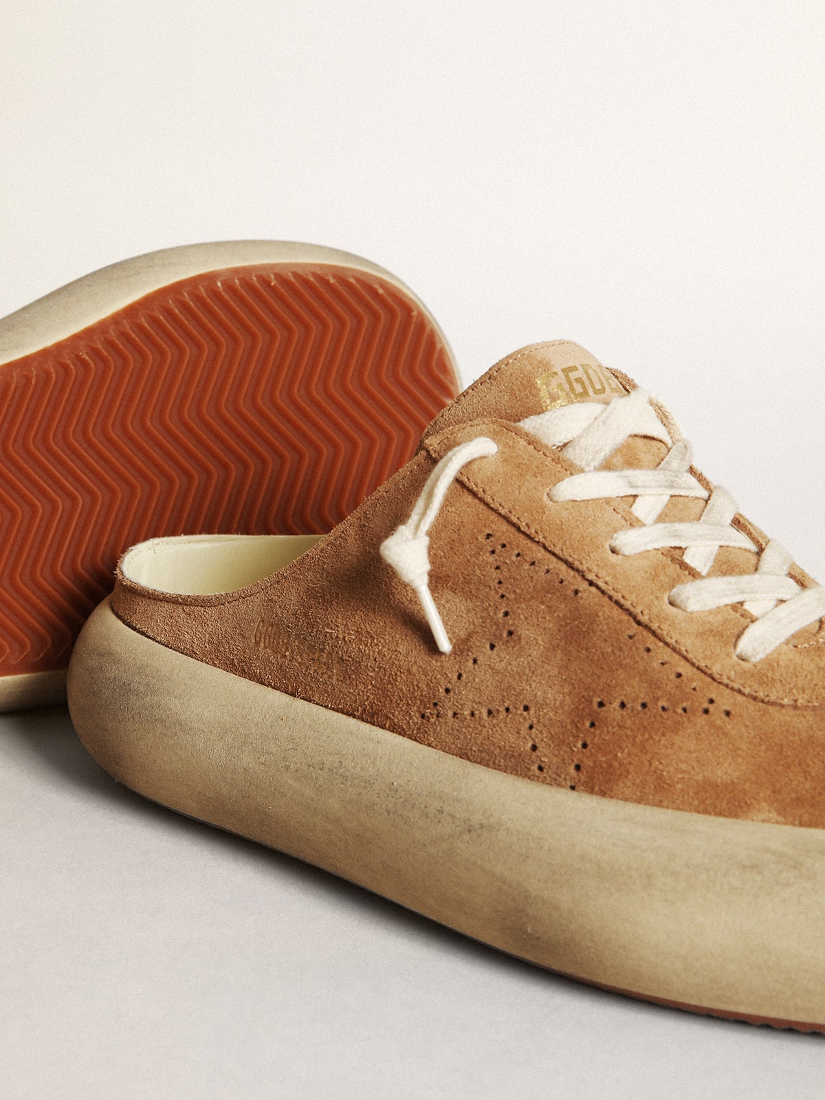 Golden Goose Womens Space-Star Sabot In Tobacco-Colored Suede With Perforated Star Womens