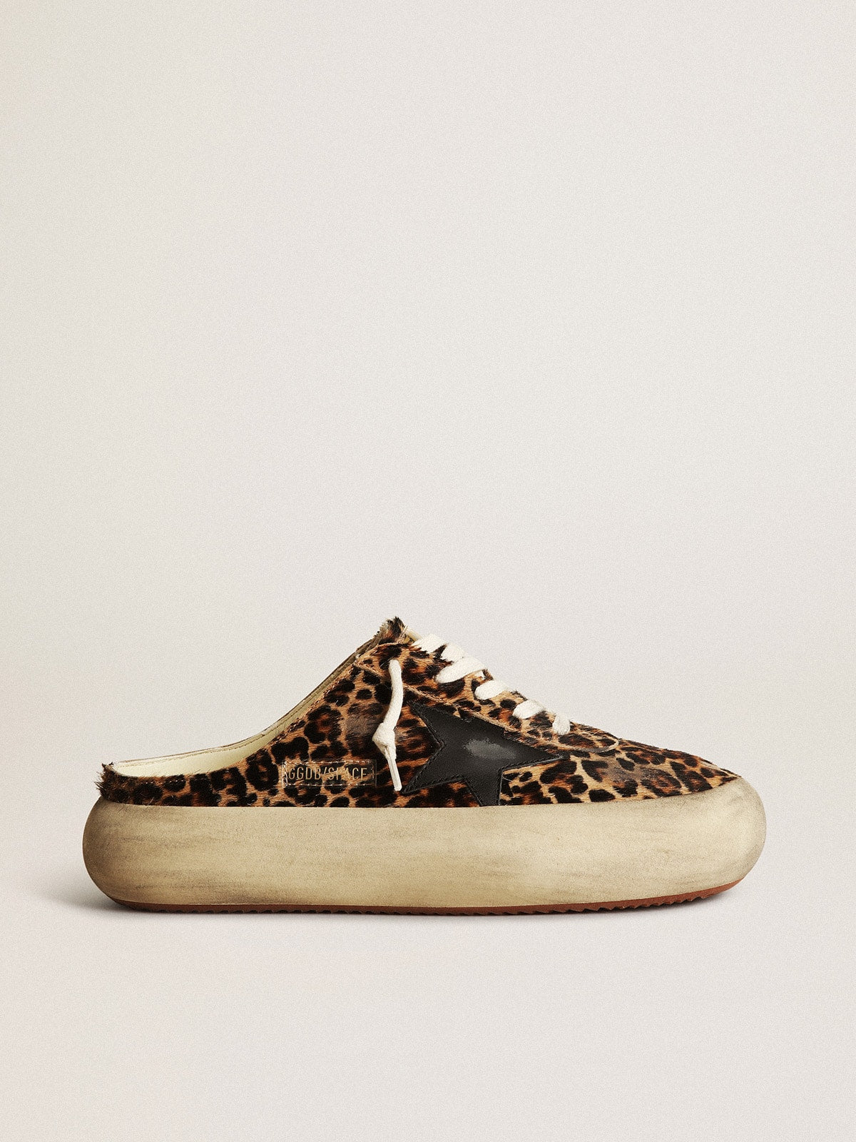 Golden Goose Womens Space-Star Sabot In Leopard Print Pony Skin With Black Star Womens