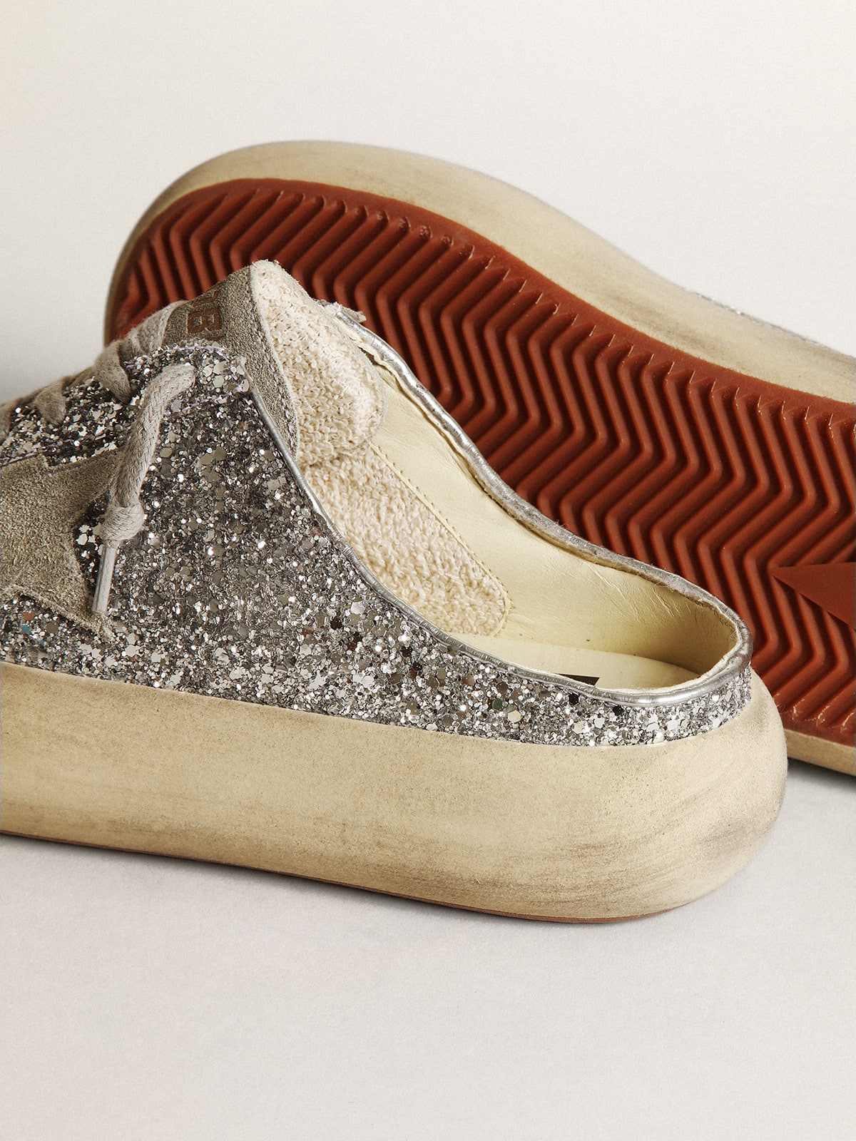 Golden Goose Womens Space-Star Sabot In Glitter With Ice-Gray Star And Tab Womens