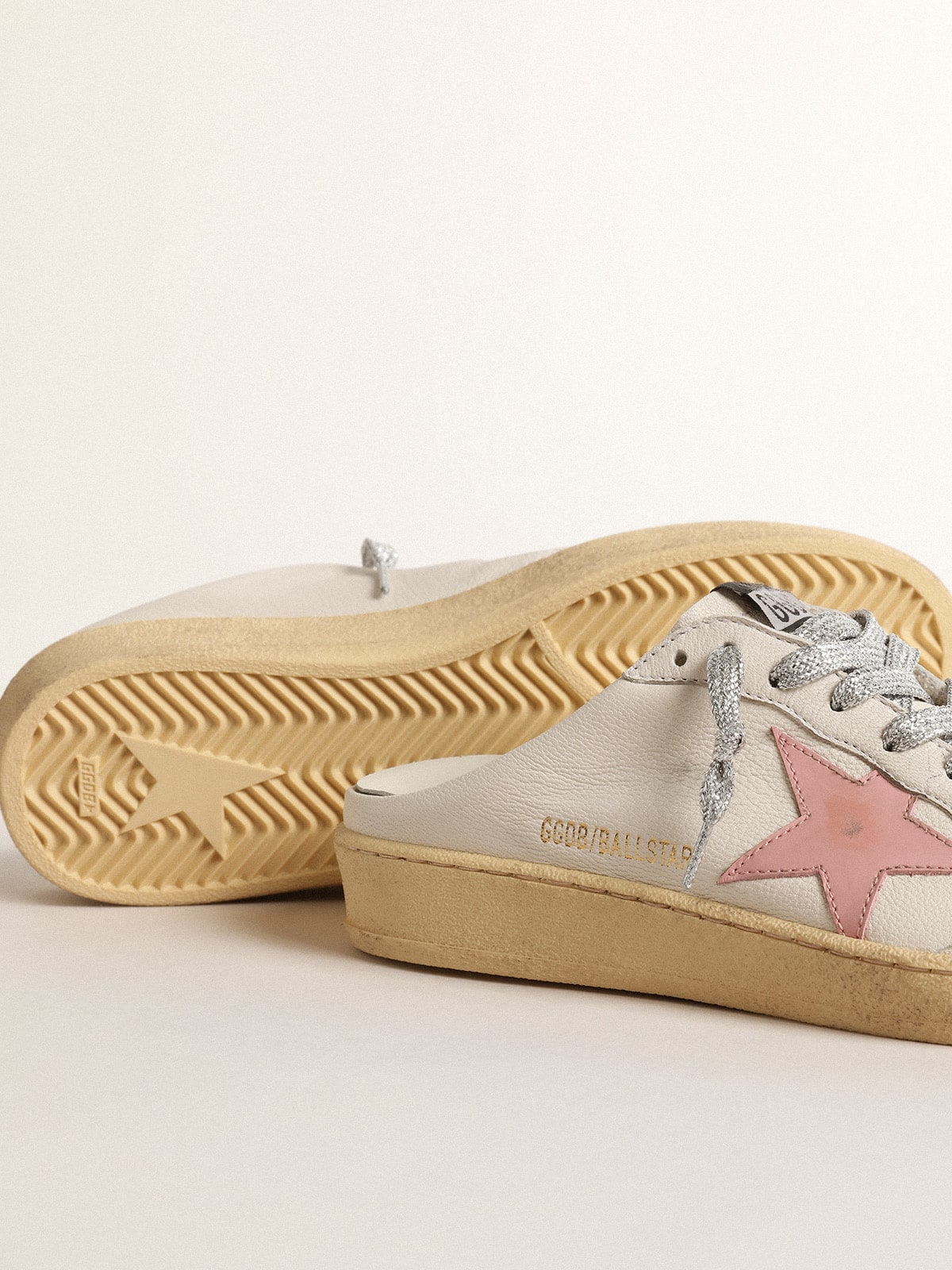 Golden Goose Ball Star Sabots In White Nappa With An Old-Rose Leather Star Womens