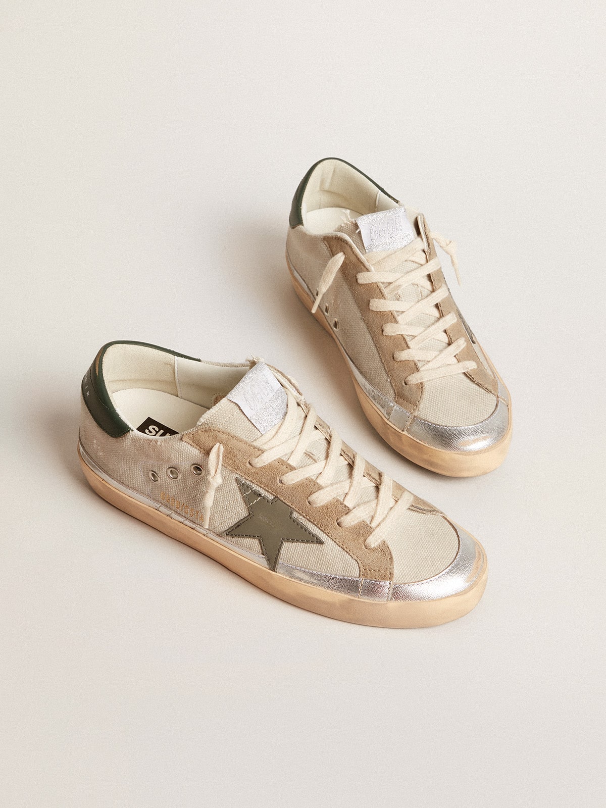 Golden Goose Super-Star In Gray Canvas With A Green Leather Star And Heel Tab Womens