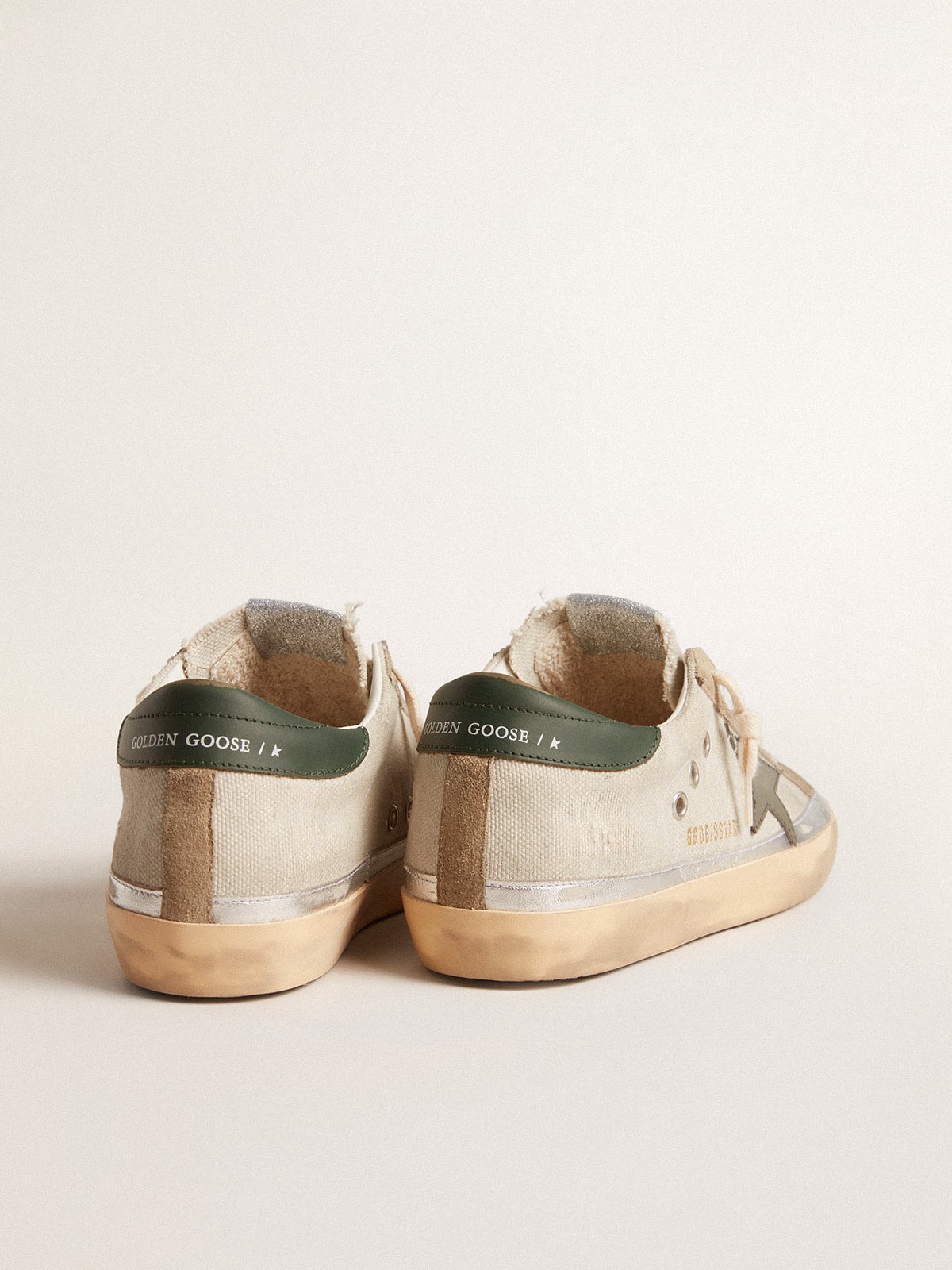 Golden Goose Super-Star In Gray Canvas With A Green Leather Star And Heel Tab Womens
