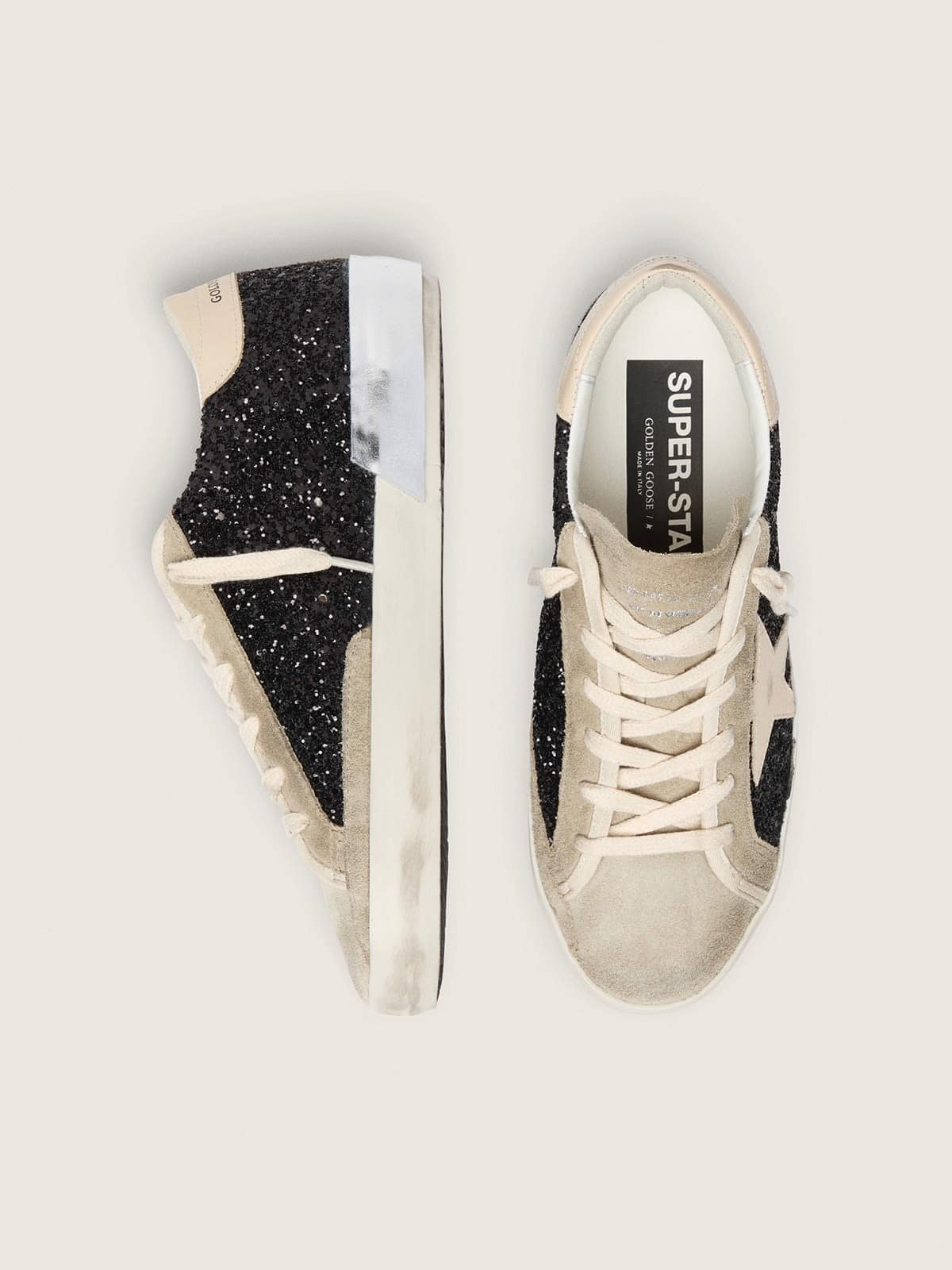 Golden Goose Super-Star In Black Glitter With Cream Star And Suede Inserts Womens