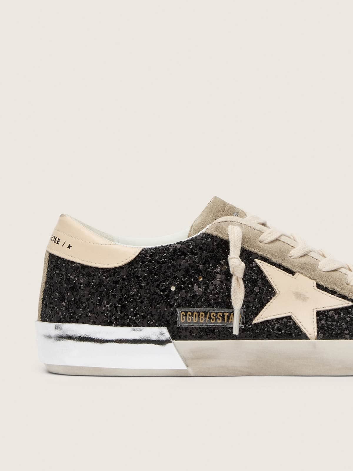 Golden Goose Super-Star In Black Glitter With Cream Star And Suede Inserts Womens