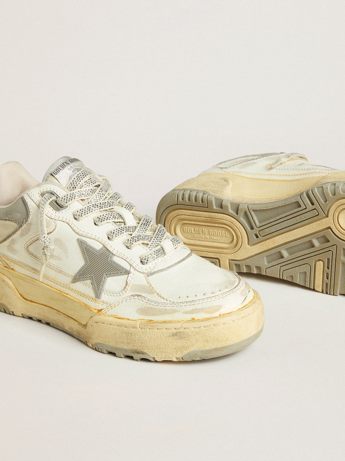Golden Goose Womens Forty2 In White Leather With Laces With Swarovski Crystals And Gray Tpu Star Womens