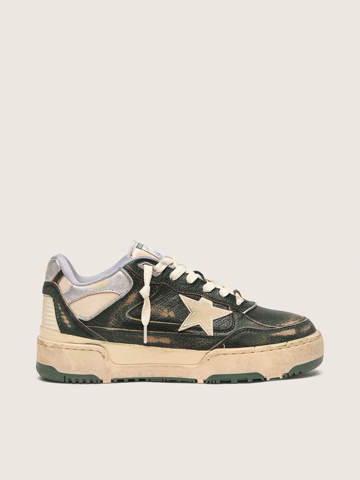 Golden Goose Womens Forty2 In Green Leather And Cream Nylon With Tpu Star And Silver Leather Heel Tab Womens