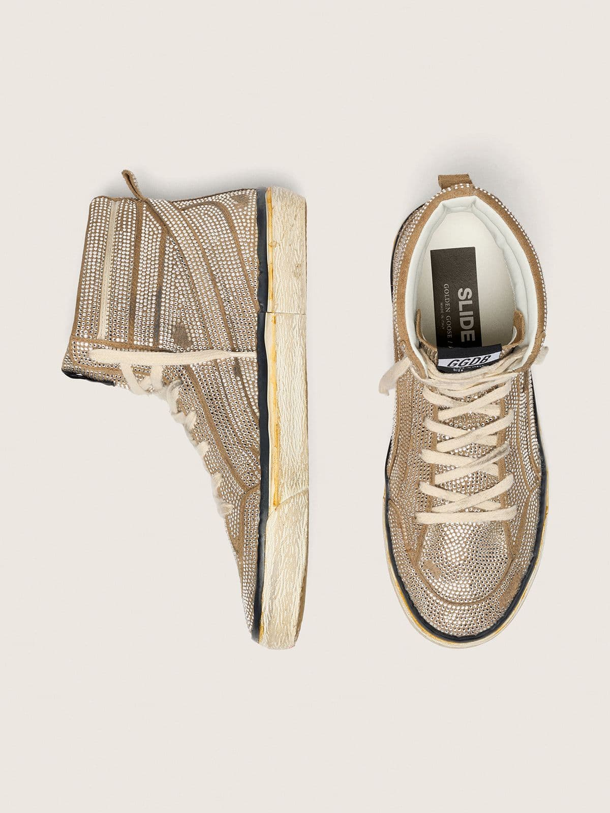 Golden Goose Womens Slide Lab Sneakers In Tobacco-Colored Suede With Crystals And Tobacco-Colored Suede Star Womens