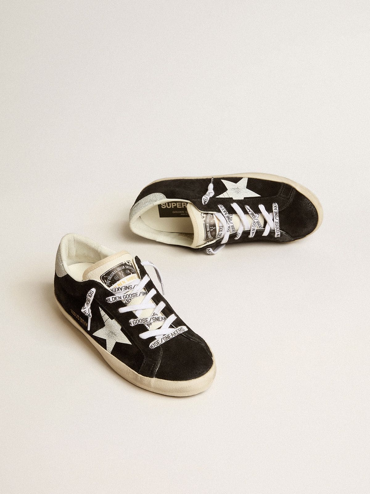 Golden Goose Womens Super-Star Ltd In Black Suede With White Printed Star And Silver Glitter Heel Tab Womens