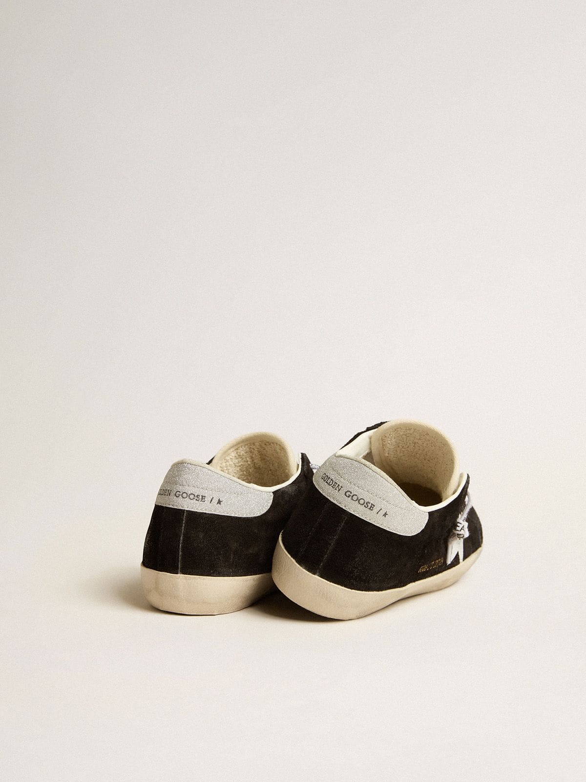 Golden Goose Womens Super-Star Ltd In Black Suede With White Printed Star And Silver Glitter Heel Tab Womens