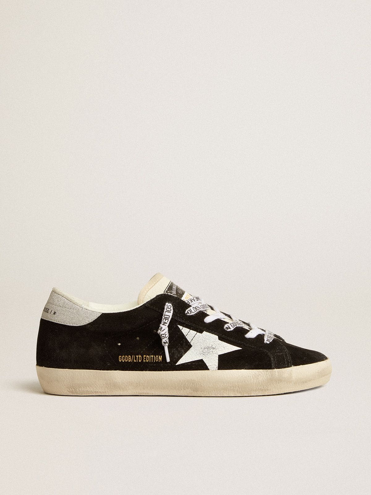 Golden Goose Womens Super-Star Ltd In Black Suede With White Printed Star And Silver Glitter Heel Tab Womens