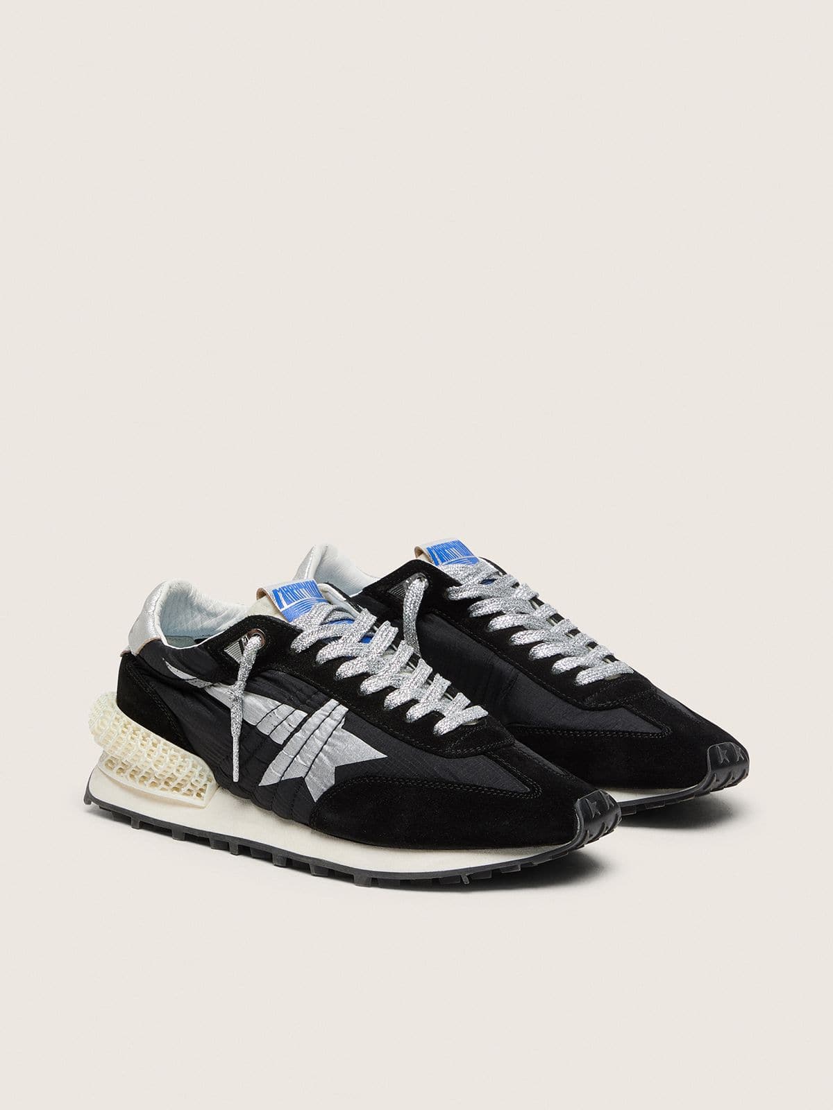 Golden Goose Womens Marathon With Black Ripstop Nylon Upper And Silver Star Womens