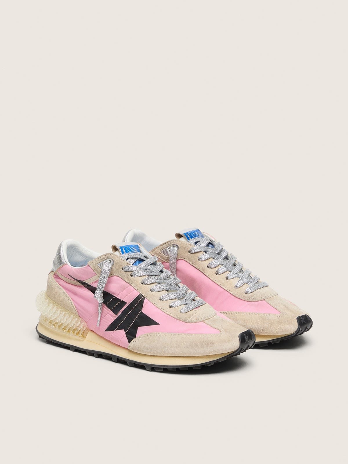 Golden Goose Womens Marathon In Pink Nylon And Beige Suede With Black Printed Star Womens
