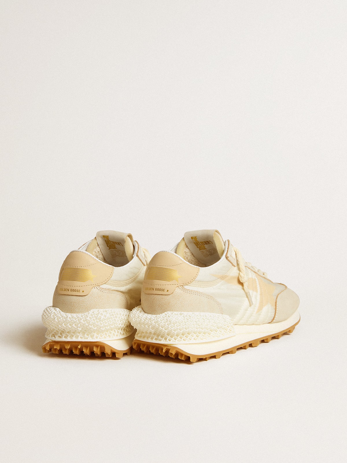 Golden Goose Womens Marathon In Beige Nylon And Gray Leather With Beige Printed Star Womens