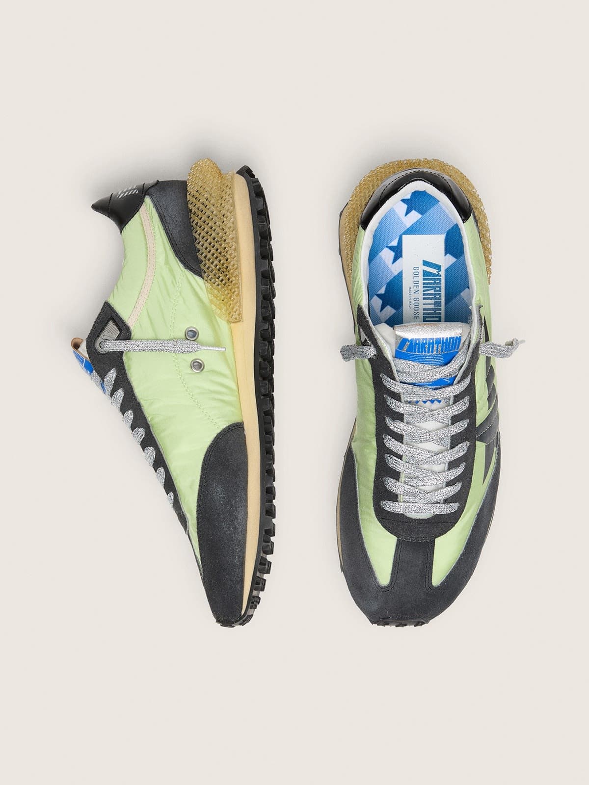Golden Goose Womens Marathon With Green Nylon Upper And Black Star Womens