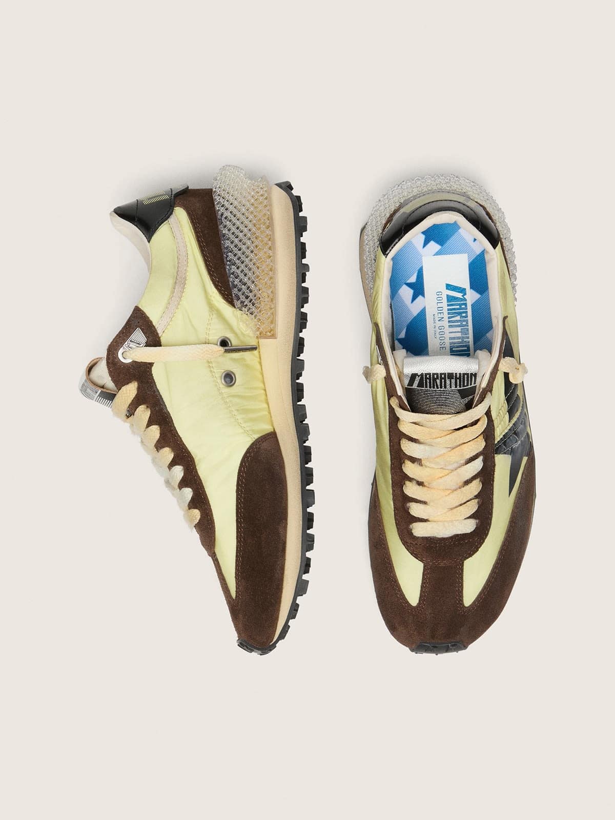 Golden Goose Womens Marathon In Lime-Green Nylon With Black Star And Brown Suede Inserts Womens