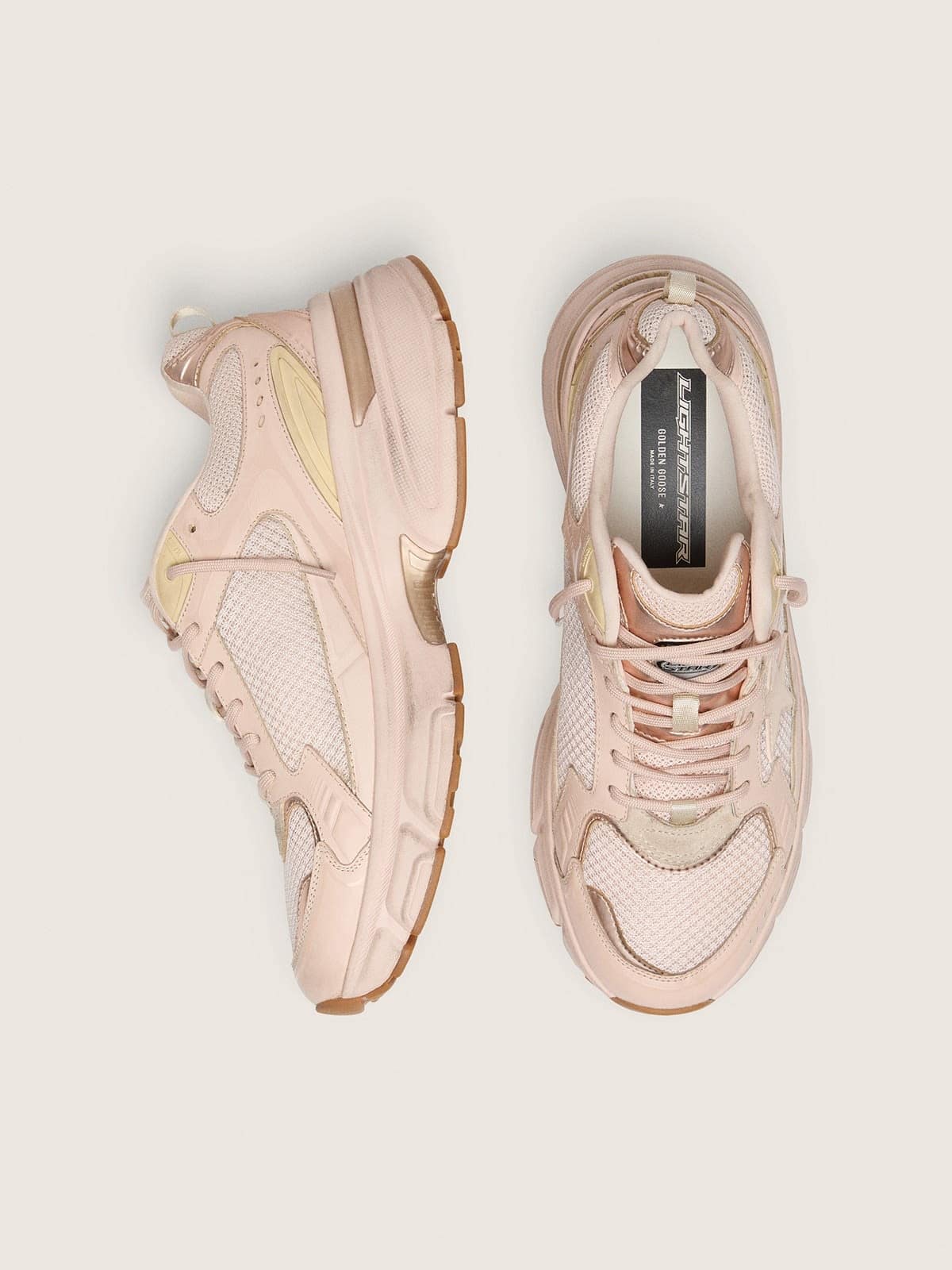 Golden Goose Womens Lightstar With Pink Leather And Mesh Upper And Pink Star Womens