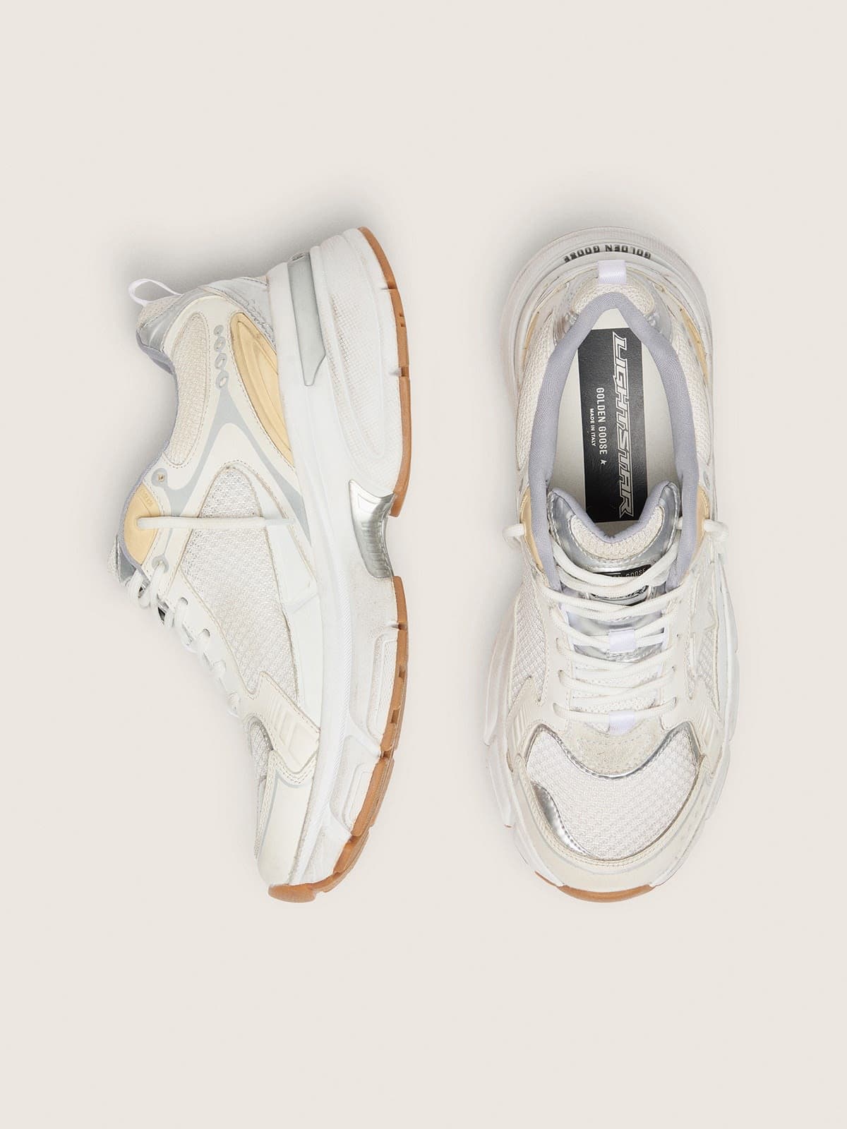 Golden Goose Womens Lightstar In White Leather And Mesh With Worn-White Star Womens