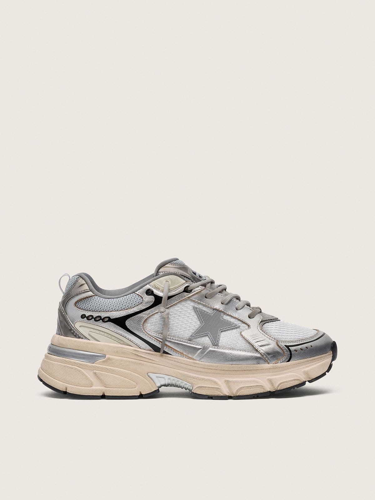 Golden Goose Womens Lightstar In Gray Mesh And Silver Nappa Leather With Gray Tpu Star Womens