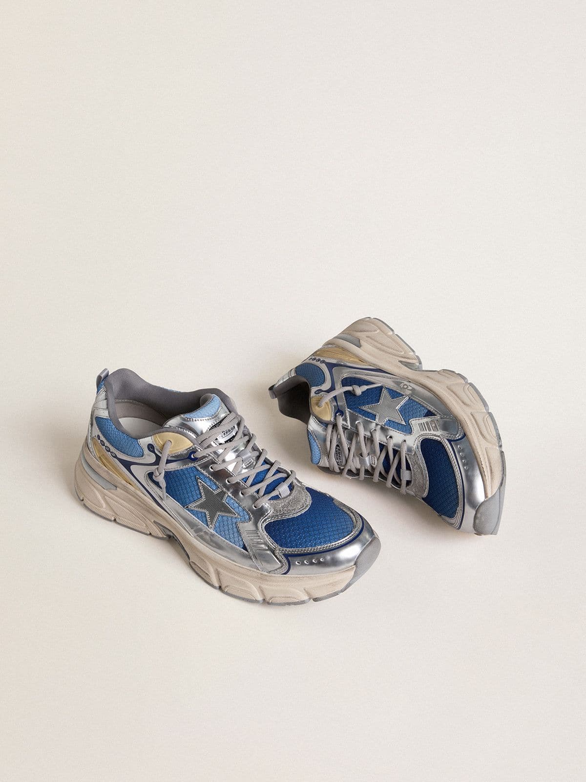 Golden Goose Womens Lightstar In Light Blue Mesh With White Tpu Star And Silver Bio-Based Inserts Womens