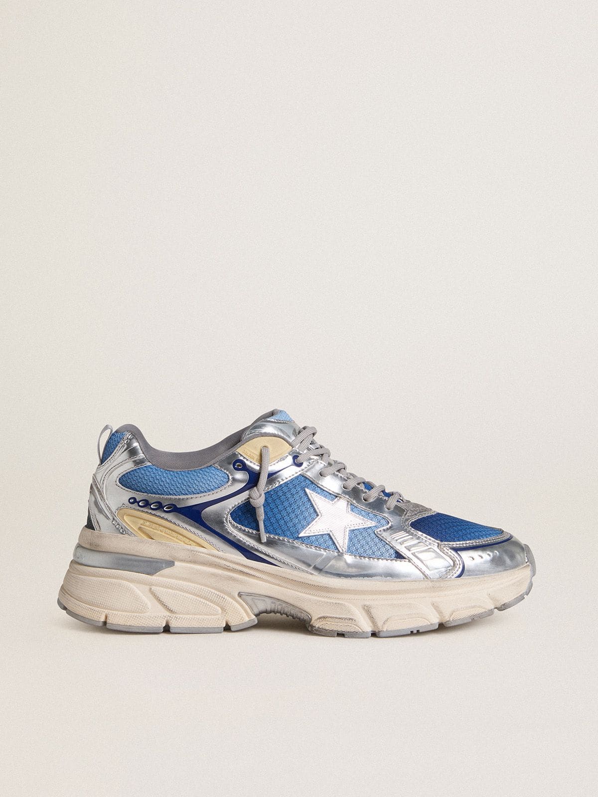 Golden Goose Womens Lightstar In Light Blue Mesh With White Tpu Star And Silver Bio-Based Inserts Womens