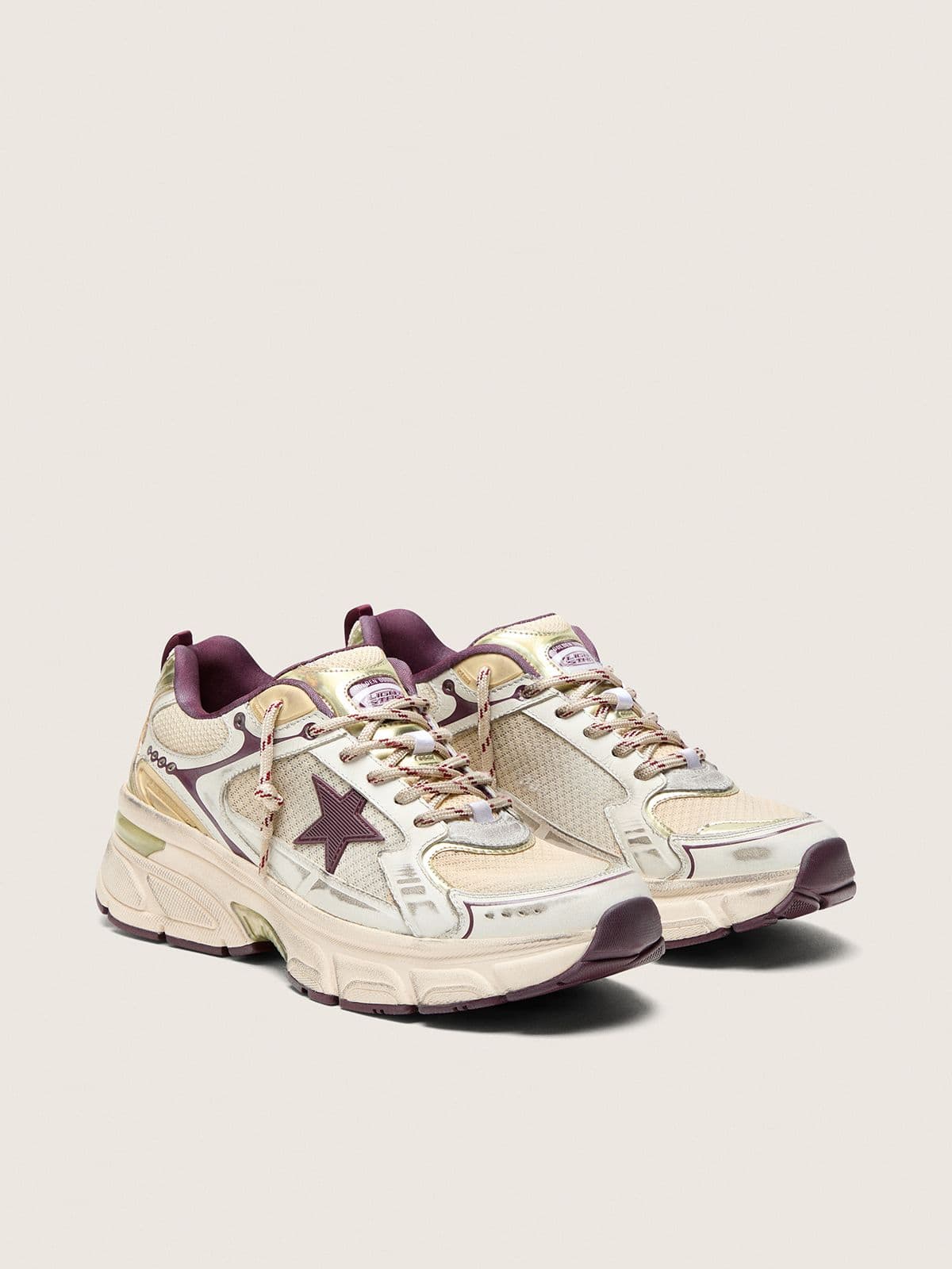 Golden Goose Womens Lightstar Cny In White Mesh And Leather With Wine-Red Tpu Star Womens