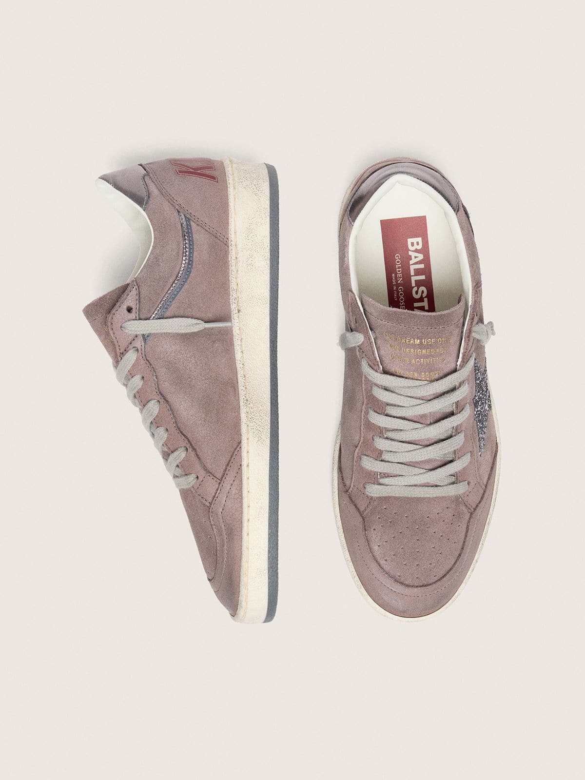 Golden Goose Womens Ball Star In Lavender Suede With Silver Glitter Star And Laminated Leather Heel Tab Womens