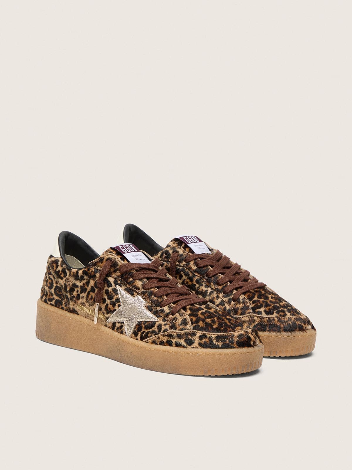 Golden Goose Womens Ball Star In Leopard-Print Pony Skin With Platinum Leather Star And White Leather Heel Tab Womens