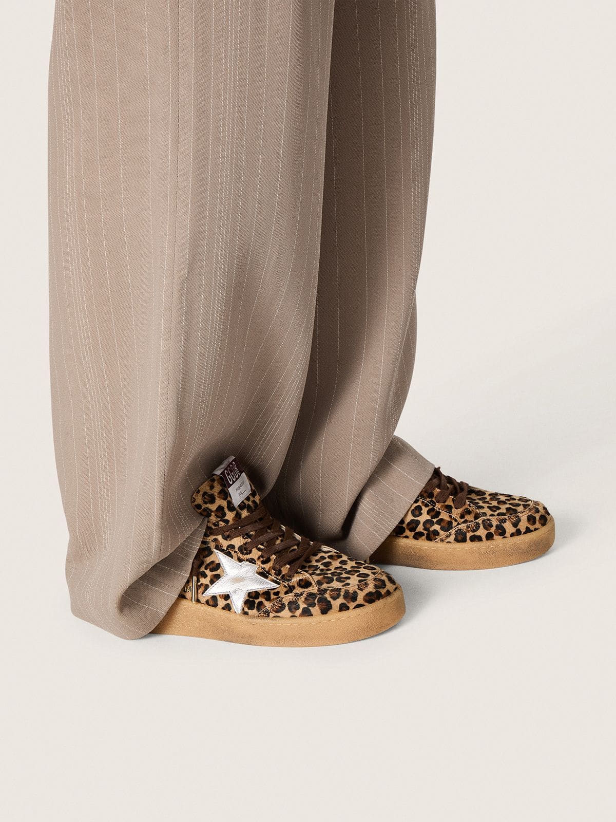 Golden Goose Womens Ball Star In Leopard-Print Pony Skin With Platinum Leather Star And White Leather Heel Tab Womens