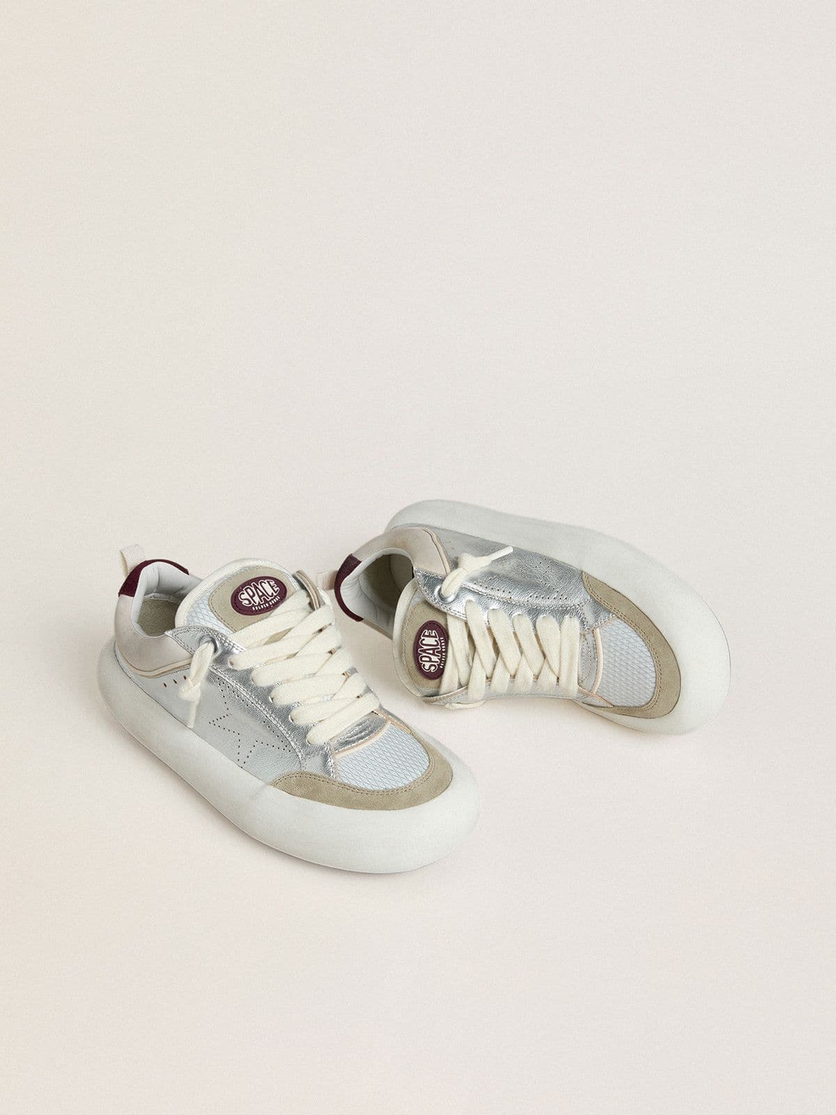 Golden Goose Womens Space-Star Cube In Ice-Gray And Silver Leather With Burgundy Heel Tab Womens