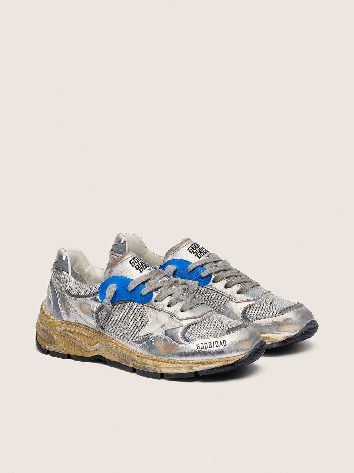 Golden Goose Womens Dad-Star In Silver Laminated Leather And Mesh With White Leather Star And Silver Heel Tab Womens