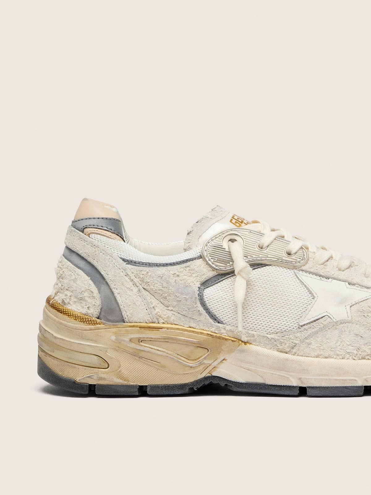 Golden Goose Womens Dad-Star In Suede And Mesh With White Leather Star And Beige Leather Heel Tab Womens