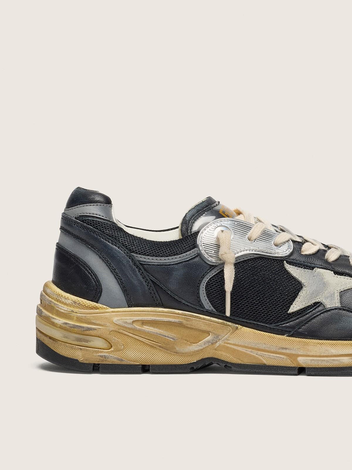 Golden Goose Womens Dad-Star In Black And Silver Mesh And Nappa With Ice-Gray Star Womens