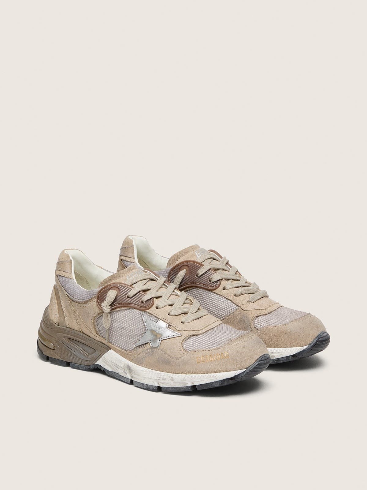 Golden Goose Womens Dad-Star In Beige Mesh And Suede With Silver Leather Star Womens