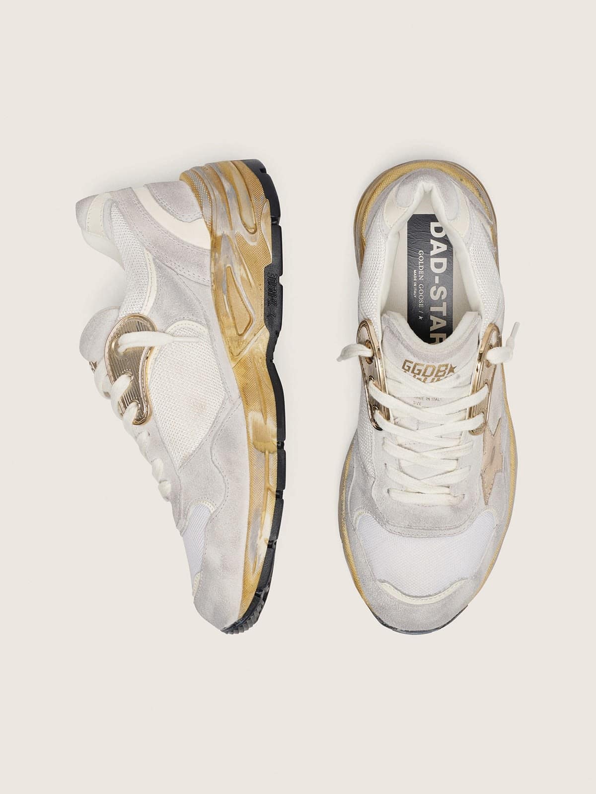 Golden Goose Womens Dad-Star In Mesh And White Suede With Gold Foiled Star Womens