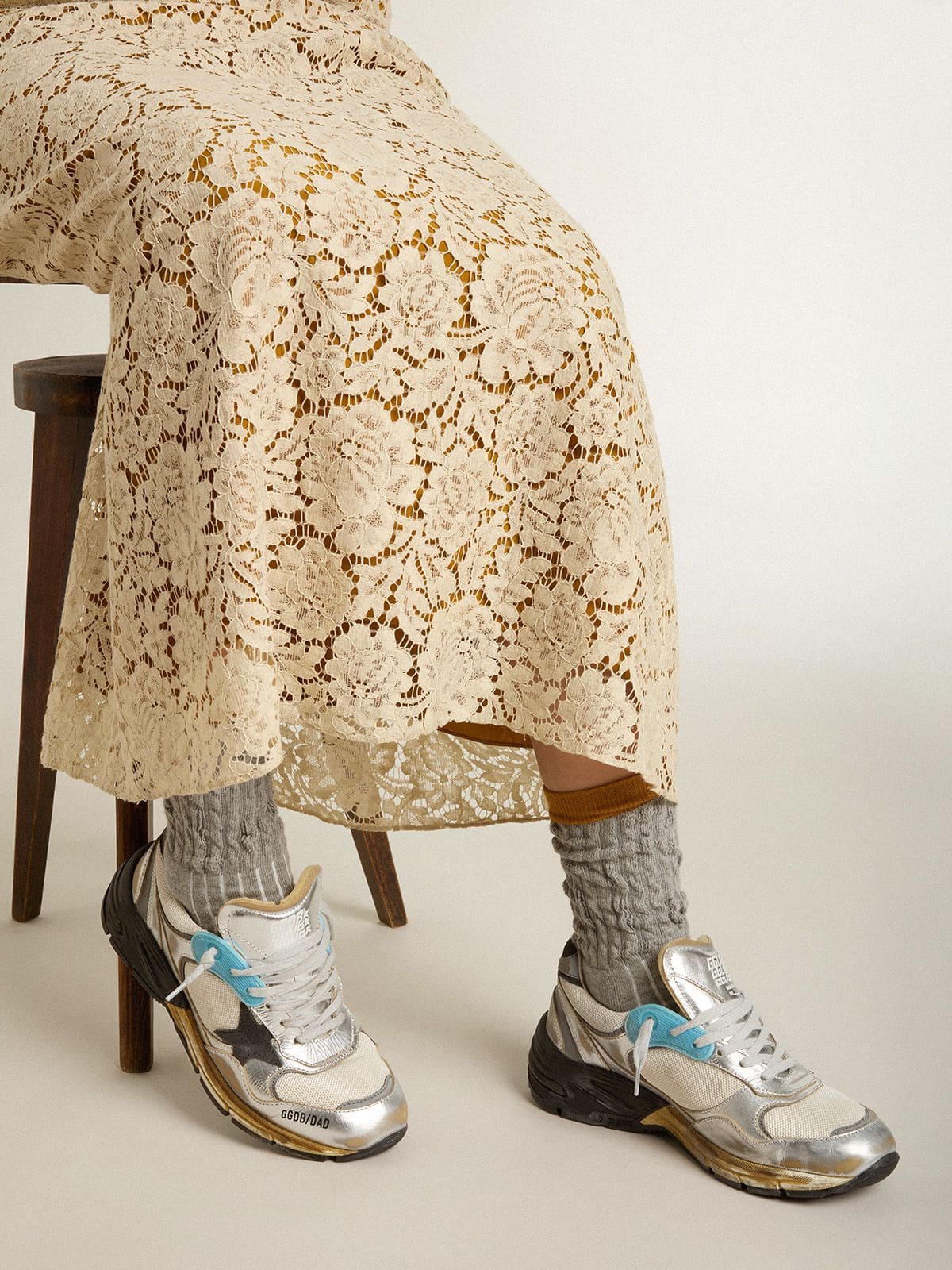 Golden Goose Womens Dad-Star In Mesh And Silver Foiled Leather With Black Suede Star Womens