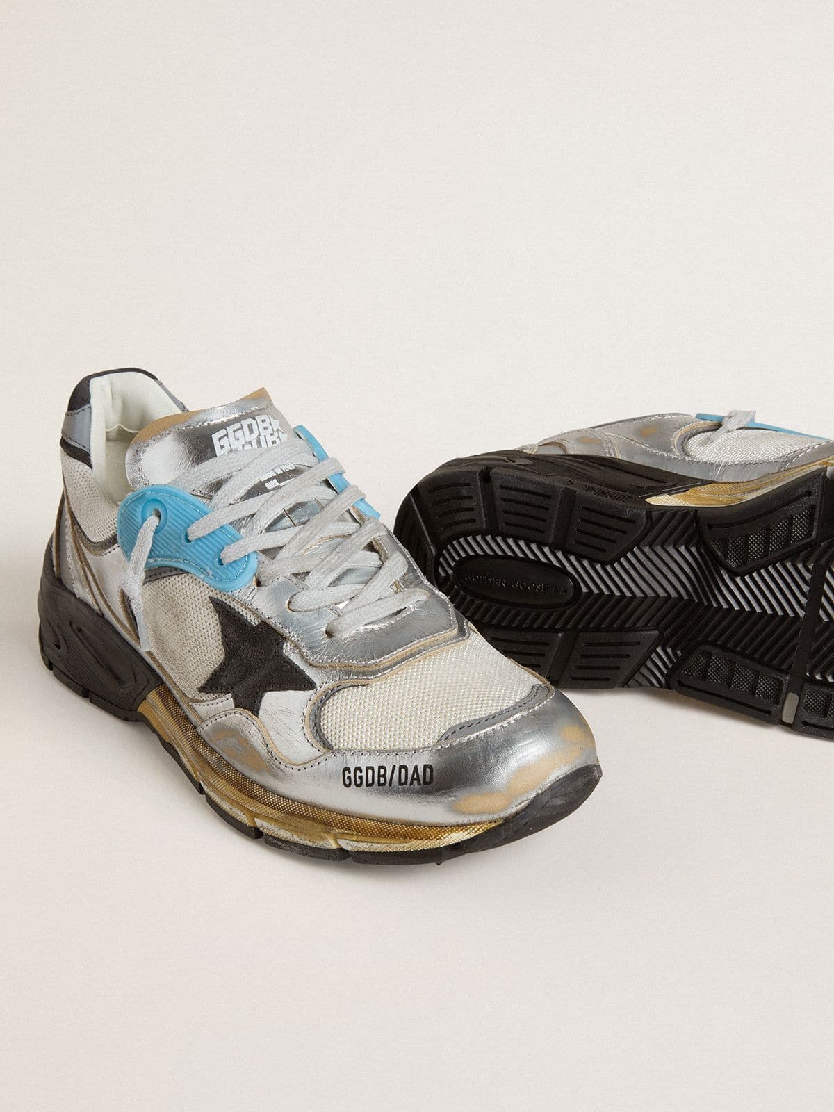 Golden Goose Womens Dad-Star In Mesh And Silver Foiled Leather With Black Suede Star Womens
