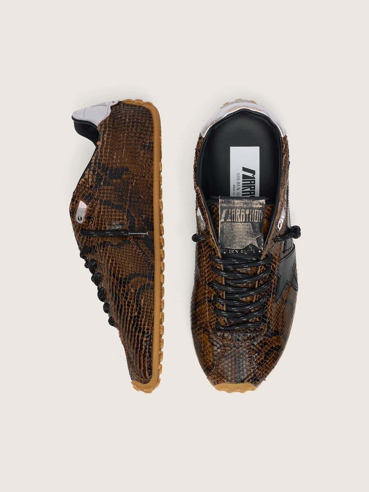 Golden Goose Womens Marathon Speed In Leather With Brown Snake Print, Black Star And Silver Leather Heel Tab Womens